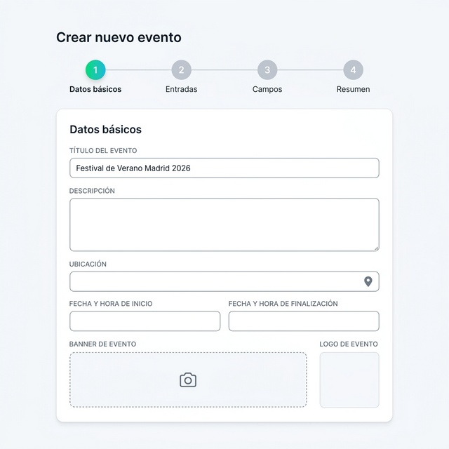 Paso 1: Datos básicos del evento en el dashboard de Neon Pass — título, descripción, ubicación, fecha