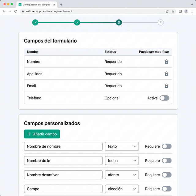 Paso 3: Campos del formulario — configura qué datos pedir a los asistentes del evento