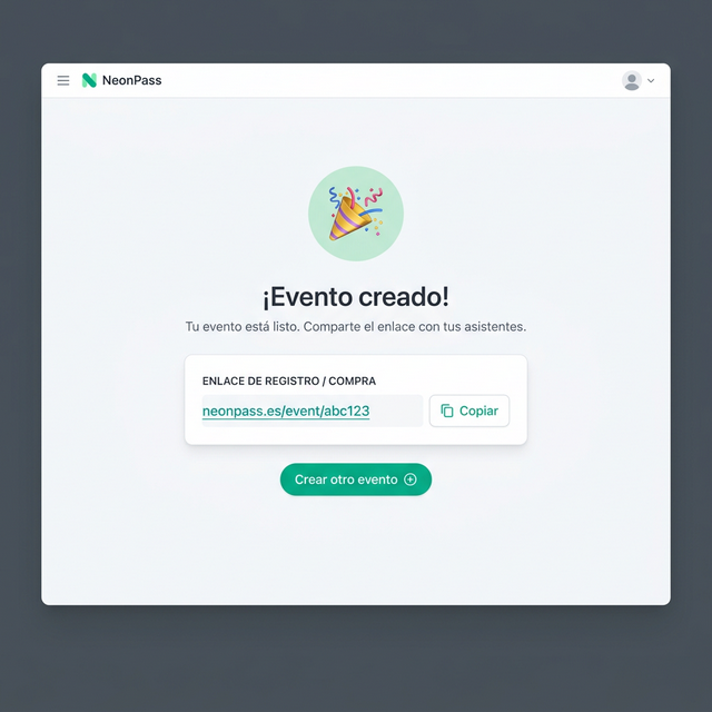 ¡Evento creado! — Pantalla de éxito con enlace de registro para compartir